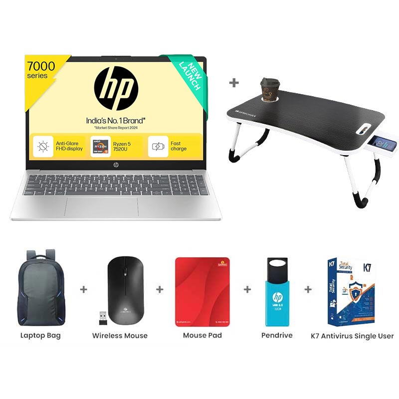 Picture of HP 15 - AMD Ryzen 5 7530U 15.6" (39.6cm) 15-fc0389AU Thin and Light Laptop (16GB/ 512GB SSD/  Full HD Display/ AMD Radeon Graphics/  Windows 11 Home/ Anti Glare/ MS Office 2024/1 Year Warranty/  Natural Silver/ 1.59kg)  with Laptop Table + Laptop Bag + Wireless Mouse & Mouse Pad + Pendrive + K7 Antivirus Single User